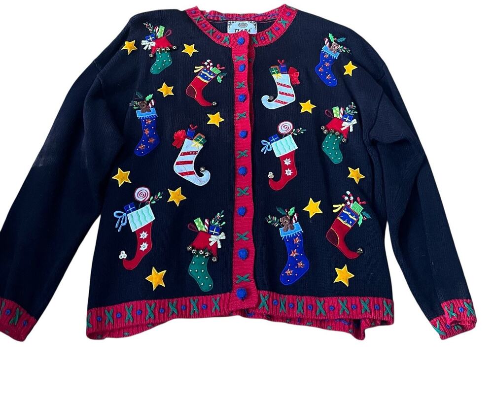 VTG Women's Christmas Cardigan Ugly Sweater XL Holiday Party Bells Black Y2K